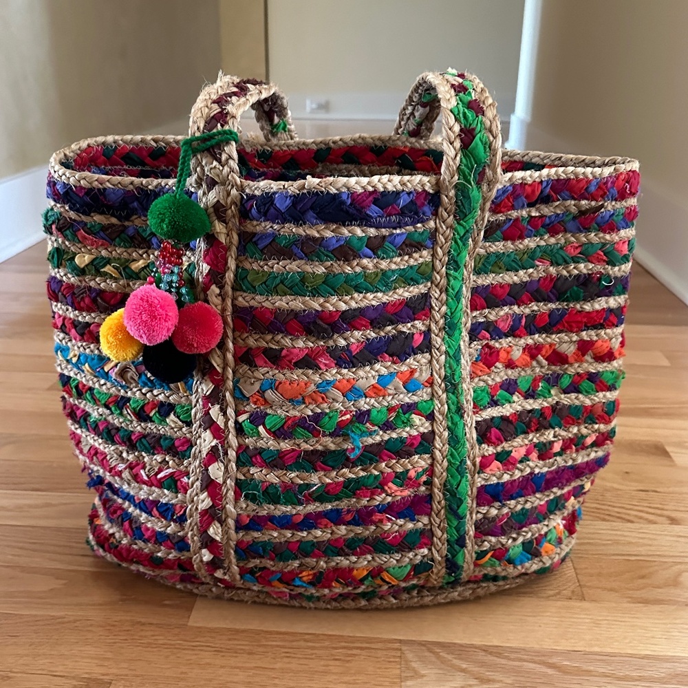 Multicolor Woven Straw Tote Bag with Pom Pom Charm
